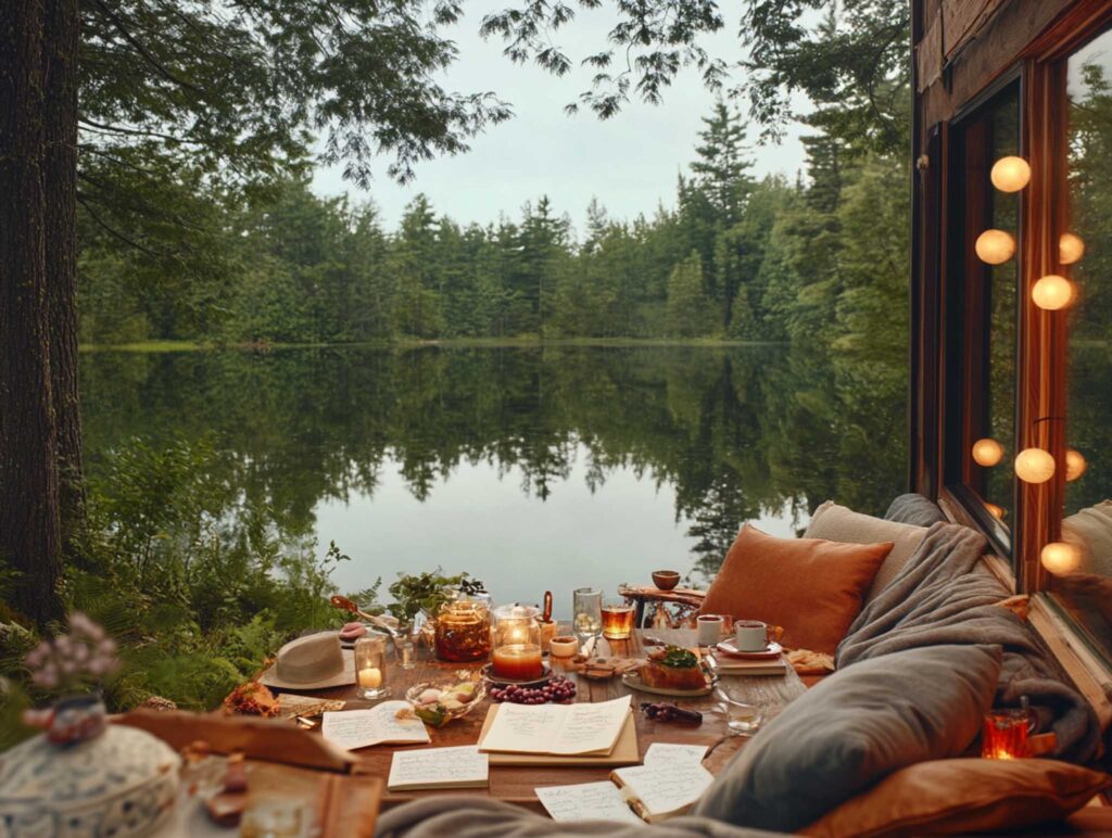 A detailed, realistic scene of a writer's desk set in a cabin study by a calm lake. The workspace includes scattered handwritten manuscripts, a well-worn leather chair, and soft ambient lighting that highlights the natural textures of wood and nature-inspired decor. --chaos 45 --ar 4:3 --v 6.1 Job ID: 7b513499-1229-4f0c-a9b5-158ae6ae0a0a