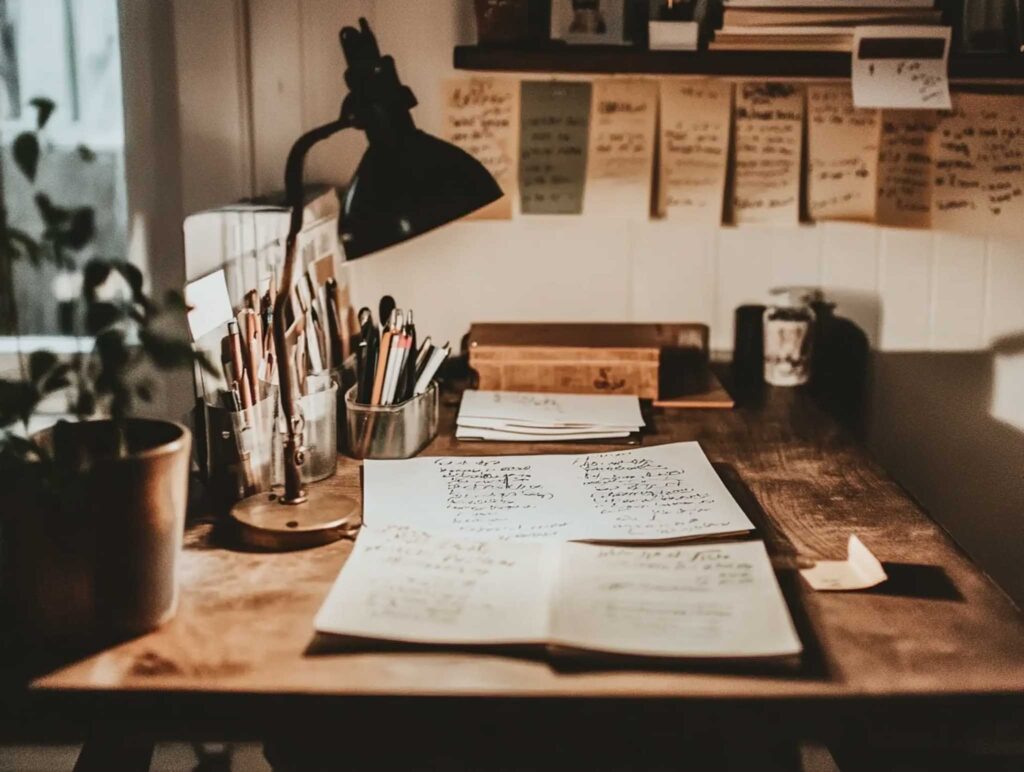 A detailed, realistic scene of an author's desk at night, with handwritten drafts, scattered sticky notes, and a desk lamp casting a warm glow over a cluttered workspace, evoking creative intensity --chaos 45 --ar 4:3 --v 6.1 Job ID: c99cf0e5-adfc-48c9-ab00-e1ae8fc3ea8c