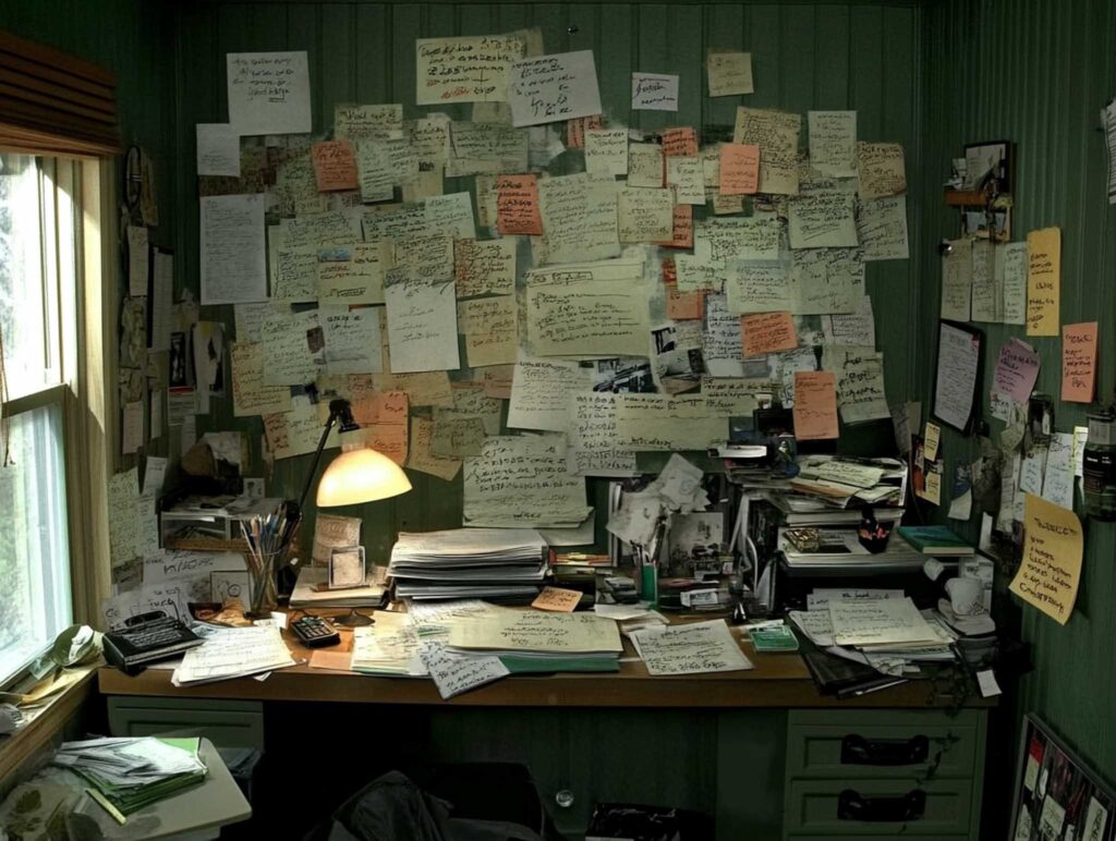 A detailed, realistic scene of an author's desk at night, with handwritten drafts, scattered sticky notes, and a desk lamp casting a warm glow over a cluttered workspace, evoking creative intensity --chaos 45 --ar 4:3 --v 6.1 Job ID: c99cf0e5-adfc-48c9-ab00-e1ae8fc3ea8c