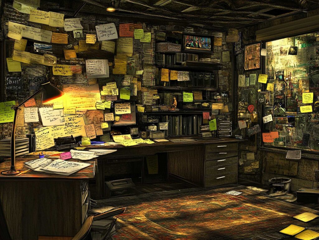 A detailed, realistic scene of an author's desk at night, with handwritten drafts, scattered sticky notes, and a desk lamp casting a warm glow over a cluttered workspace, evoking creative intensity --chaos 45 --ar 4:3 --v 6.1 Job ID: c99cf0e5-adfc-48c9-ab00-e1ae8fc3ea8c