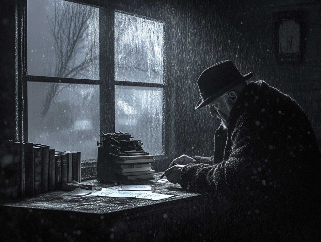 A brooding mystery writer in a dimly lit study, surrounded by vintage detective novels, scattered notes, and a rain-streaked window, exuding suspense and intrigue, cinematic lighting --chaos 45 --ar 4:3 --v 6.1 Job ID: 6b86d9c8-e495-4966-ab32-2524ebe9654b