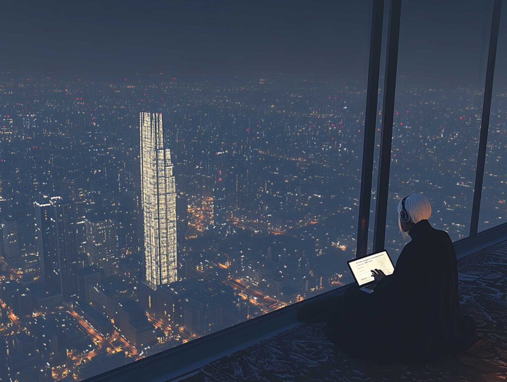 A diverse author of mixed heritage working late in a trendy urban apartment, casually dressed and focused on a laptop with headphones on, the city skyline visible through a large window, ambient city lights and modern decor --chaos 45 --ar 4:3 --v 6.1 Job ID: de996c04-3953-46b0-a68e-ff484d7f32bb