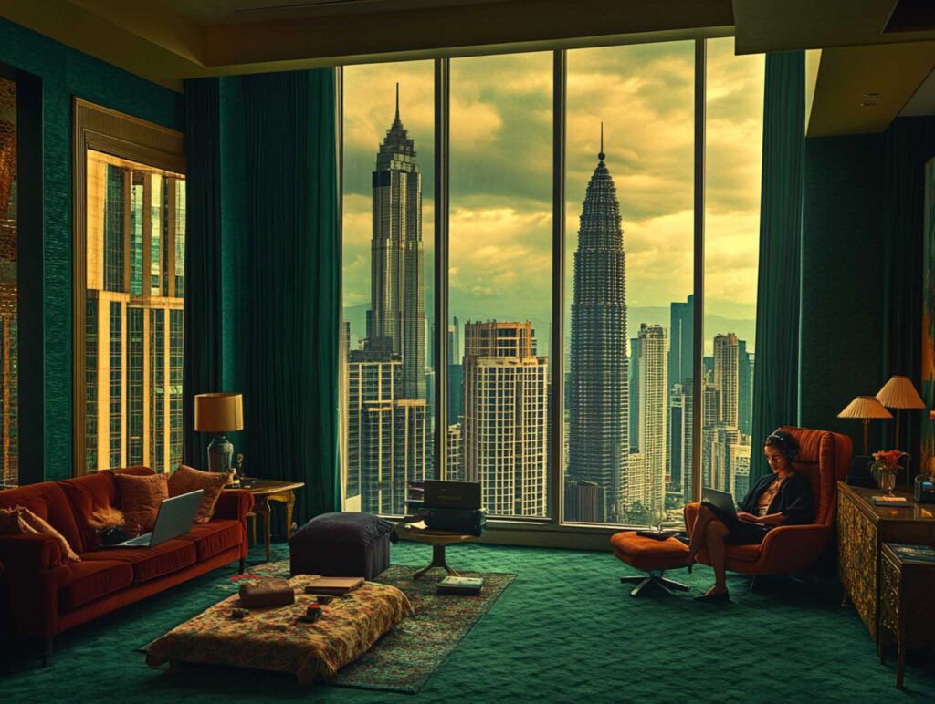 A diverse author of mixed heritage working late in a trendy urban apartment, casually dressed and focused on a laptop with headphones on, the city skyline visible through a large window, ambient city lights and modern decor --chaos 45 --ar 4:3 --v 6.1 Job ID: de996c04-3953-46b0-a68e-ff484d7f32bb