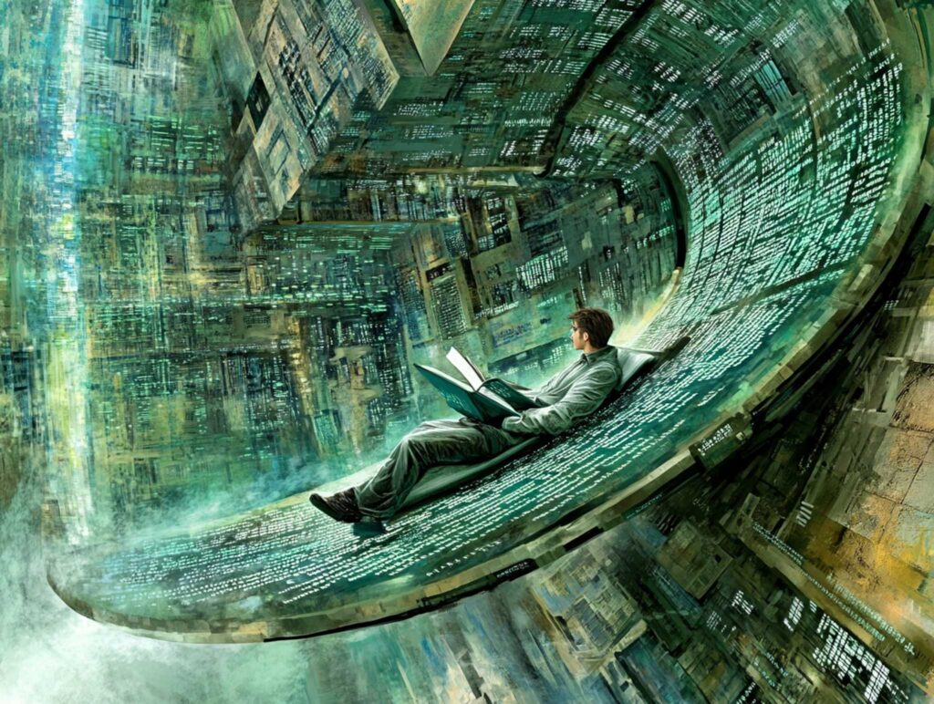 A futuristic writer in a digital study with holographic pages swirling around, where binary code intermingles with poetic verses, blending literature with technology in a mesmerizing scene --chaos 45 --ar 4:3 --v 6.1 Job ID: 37610755-99b3-43e7-b41e-ff8bc3899de5