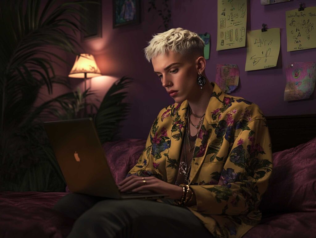 A gender non-conforming writer in a minimalist studio setting, working on a modern laptop surrounded by creative sketches and notes on the wall, with subtle ambient lighting and a calm, refined space --chaos 45 --ar 4:3 --v 6.1 Job ID: 91a4816e-948f-4492-b5f3-91c1206d1406