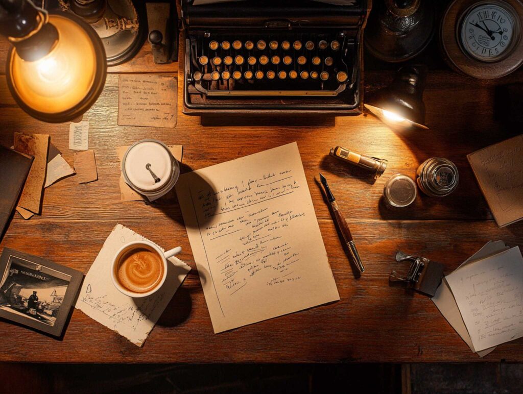 A high-resolution photograph of a classic author's desk with aged paper, scribbled notes, a fountain pen, and a coffee cup on a textured wooden surface, rendered in realistic detail with ambient lighting --chaos 45 --ar 4:3 --v 6.1 Job ID: c0bc91a6-542c-4547-8eb4-10883068f81d