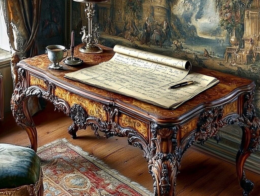 A high-resolution photograph of a classic author's desk with aged paper, scribbled notes, a fountain pen, and a coffee cup on a textured wooden surface, rendered in realistic detail with ambient lighting --chaos 45 --ar 4:3 --v 6.1 Job ID: c0bc91a6-542c-4547-8eb4-10883068f81d