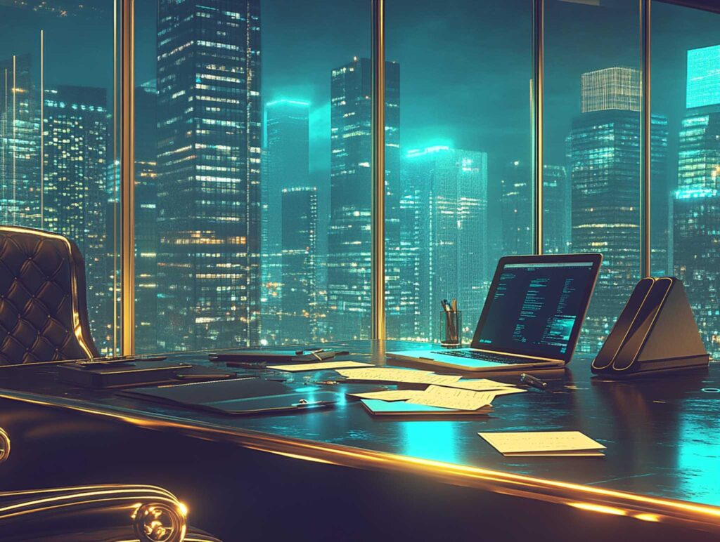 A high-resolution realistic image of a modern author's desk in a co-working space, featuring a sleek laptop, scattered notes, a digital tablet with writing software, and soft natural light highlighting urban details in the background