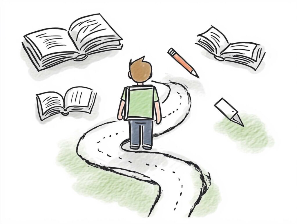 A cartoonish, hand-drawn illustration of an author on a creative journey, shown as a winding path lined with open books and floating quills