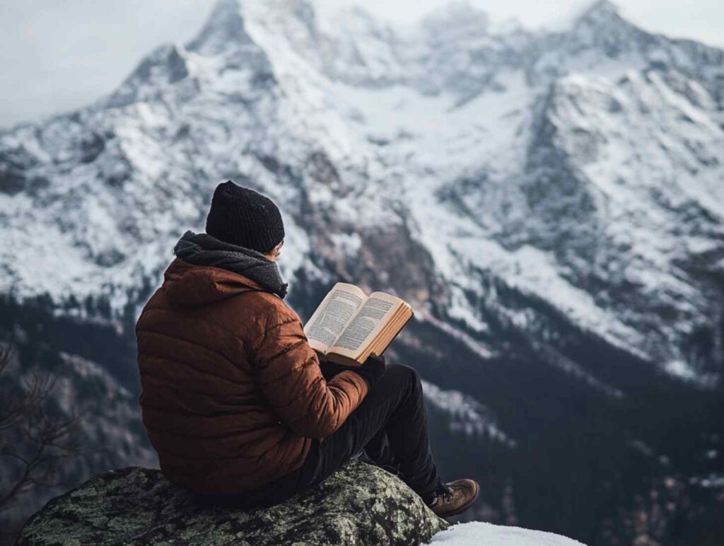 man reading books, mountain view, snow, cold, hiking