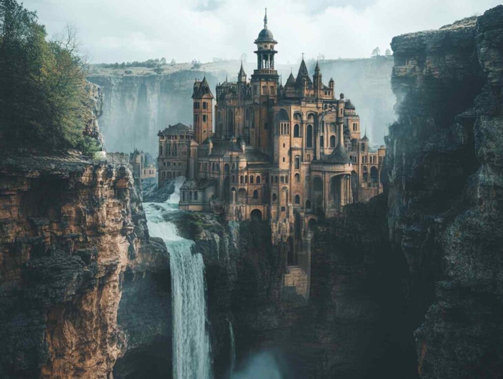 a castle next to a waterfall