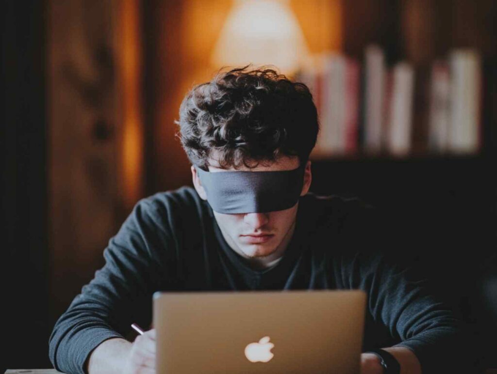 a man typing blindfolded at a macbook