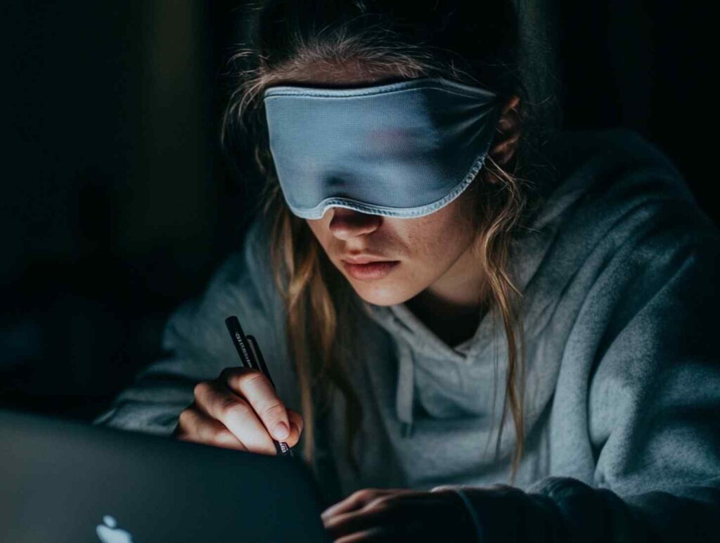 blond woman blindfolded in front of laptop