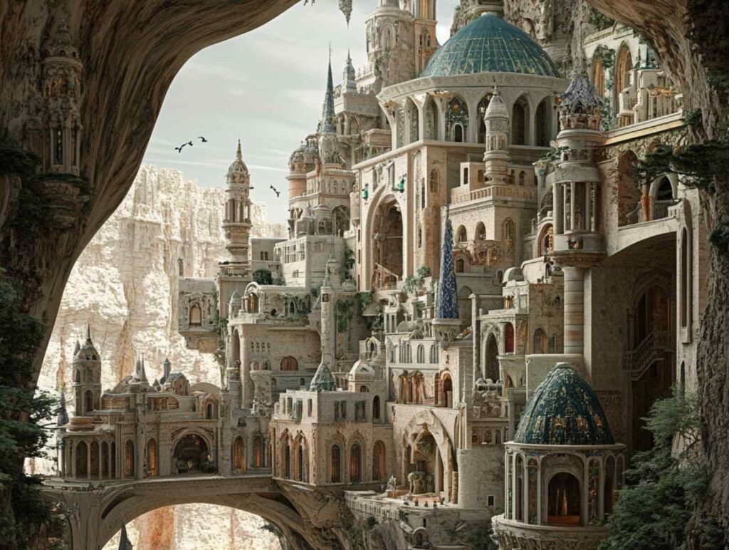 white fantasy city next to a cave