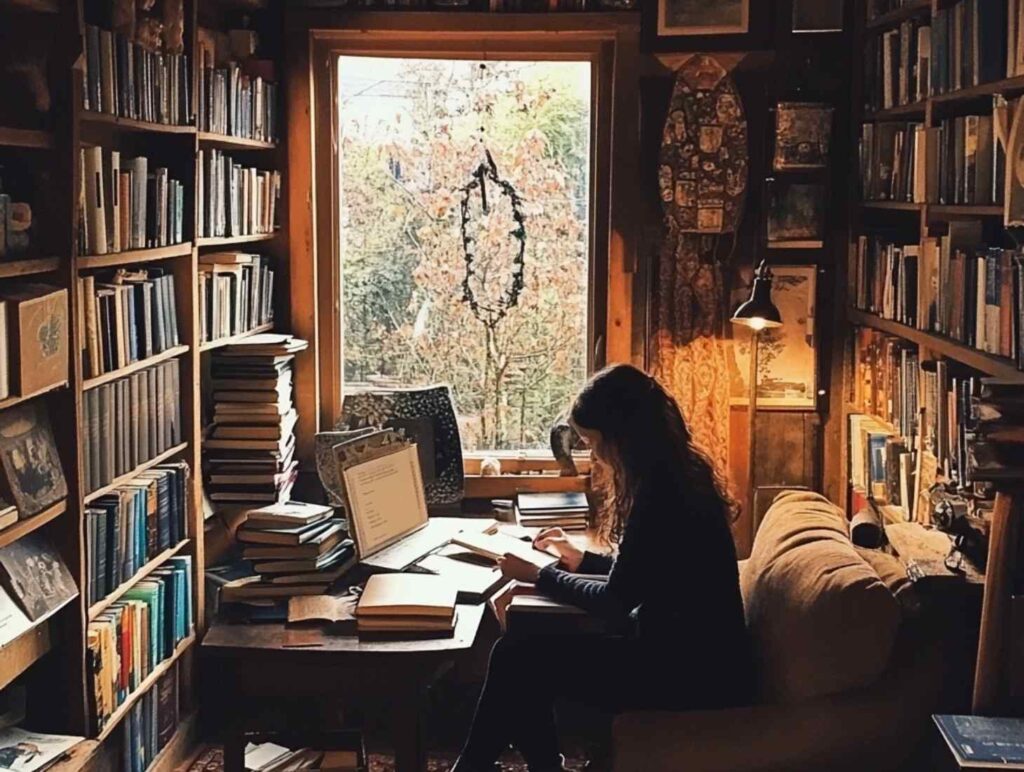 girl writing in cosy library