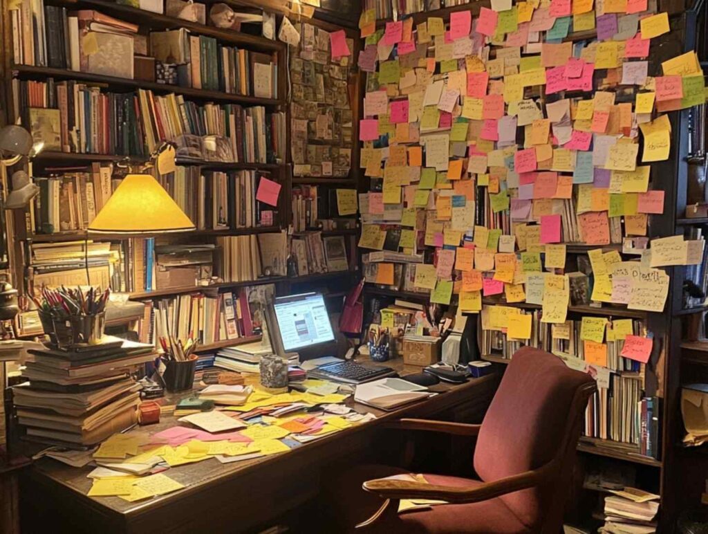 desk with computer, sticky notes on the wall, book shelf, chaos office