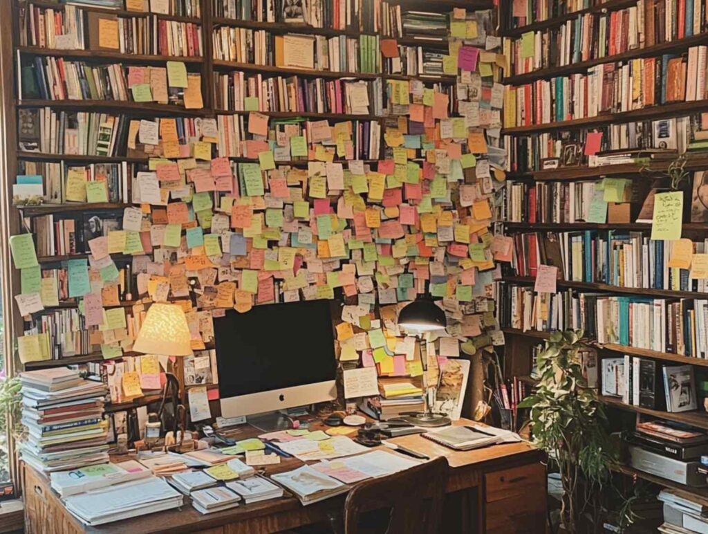 book shelf covered by post its