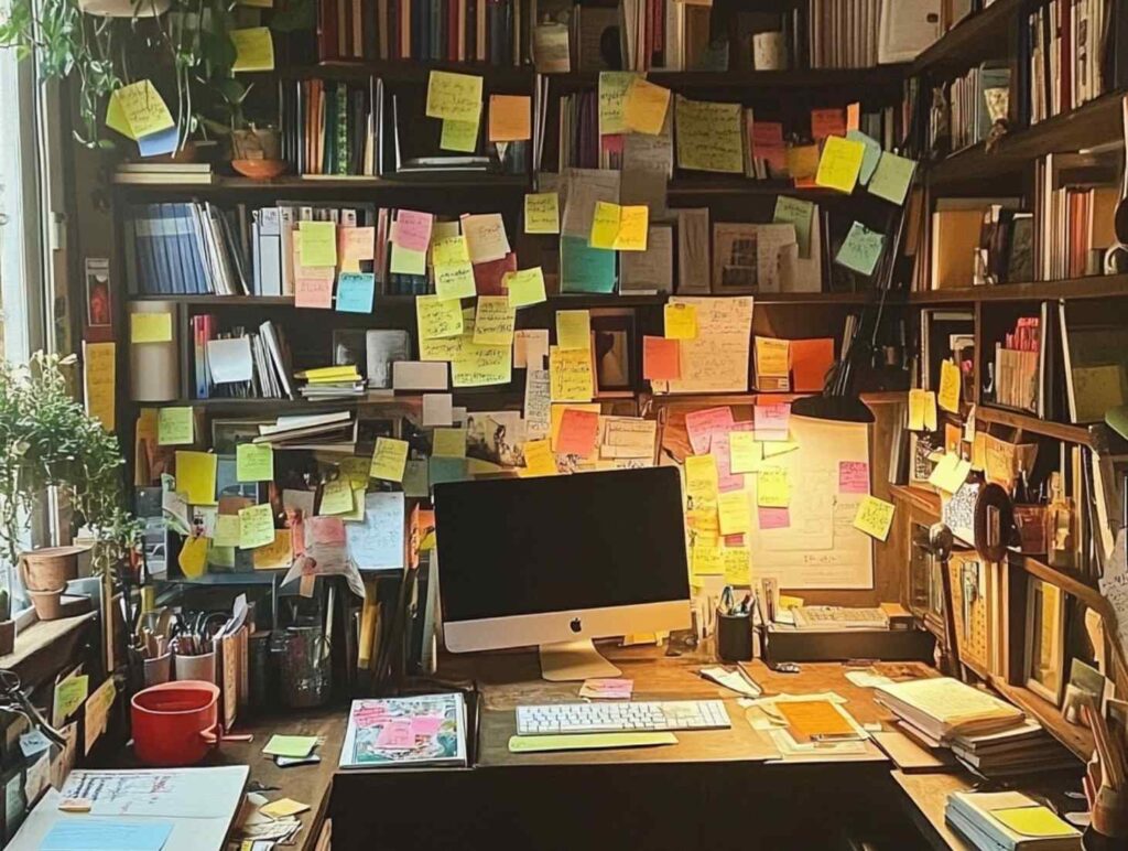 desk with computer, sticky notes on the wall, book shelf organisation