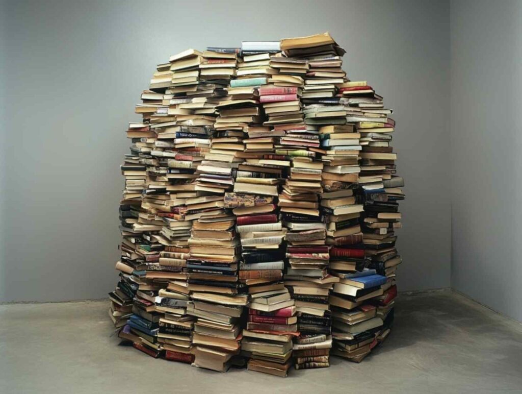 books stacked in a room with grey walls