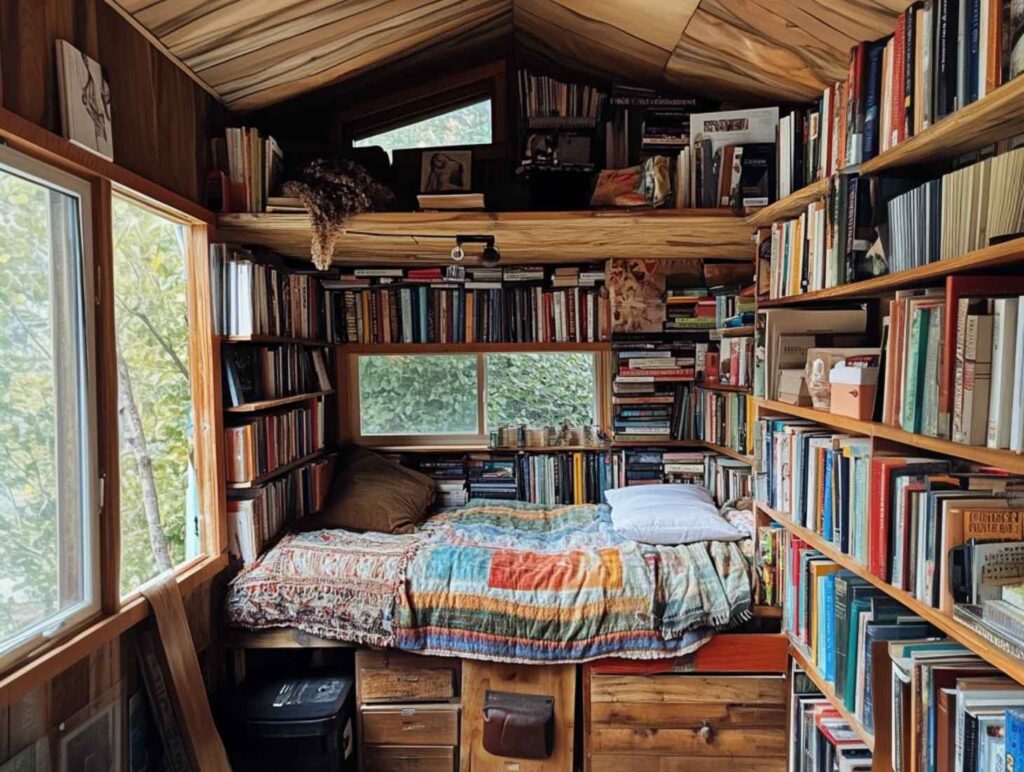 cozy room, bed amongst a bookshelf, reading in bed