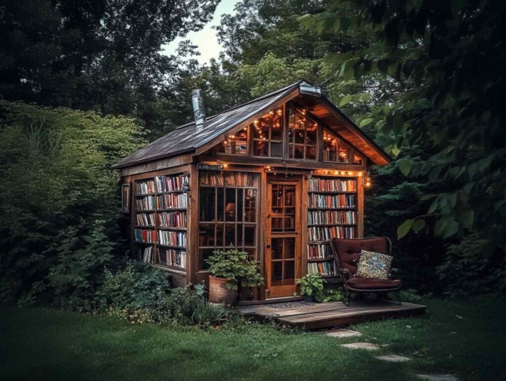 wooden hut in the forest with bookshelves 