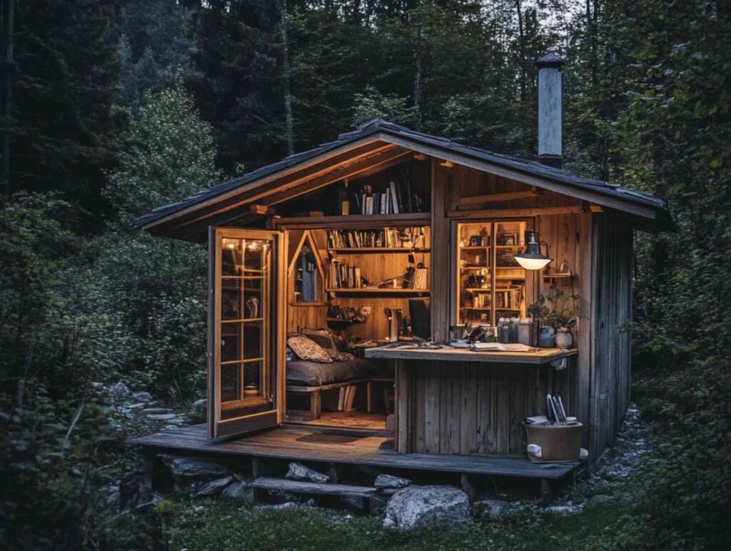 a shed full of bookshelves and books all over