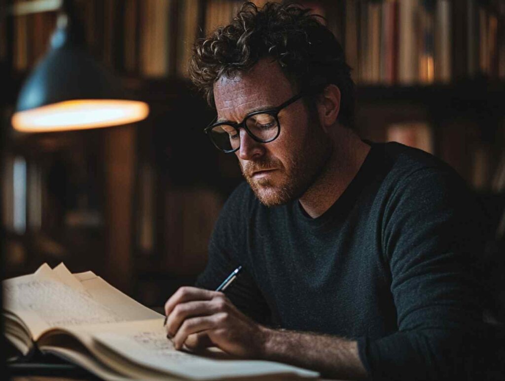 man writing a book in office, focussed impression