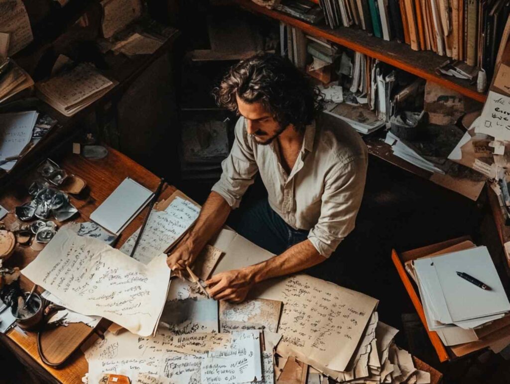 man sitting at text writing a book