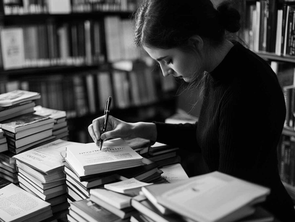 black and white picture of a girl writing in a book