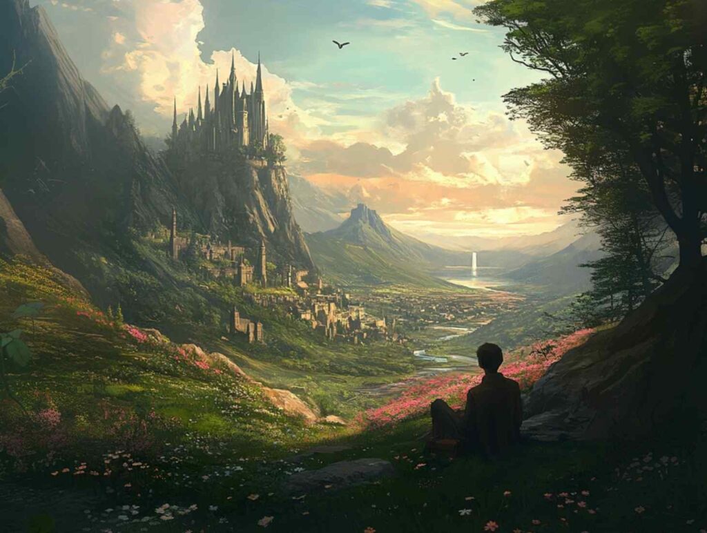 a breathtaking fantasy landscape where a lone traveler sits on a grassy hill, gazing at a magnificent castle built into the mountains