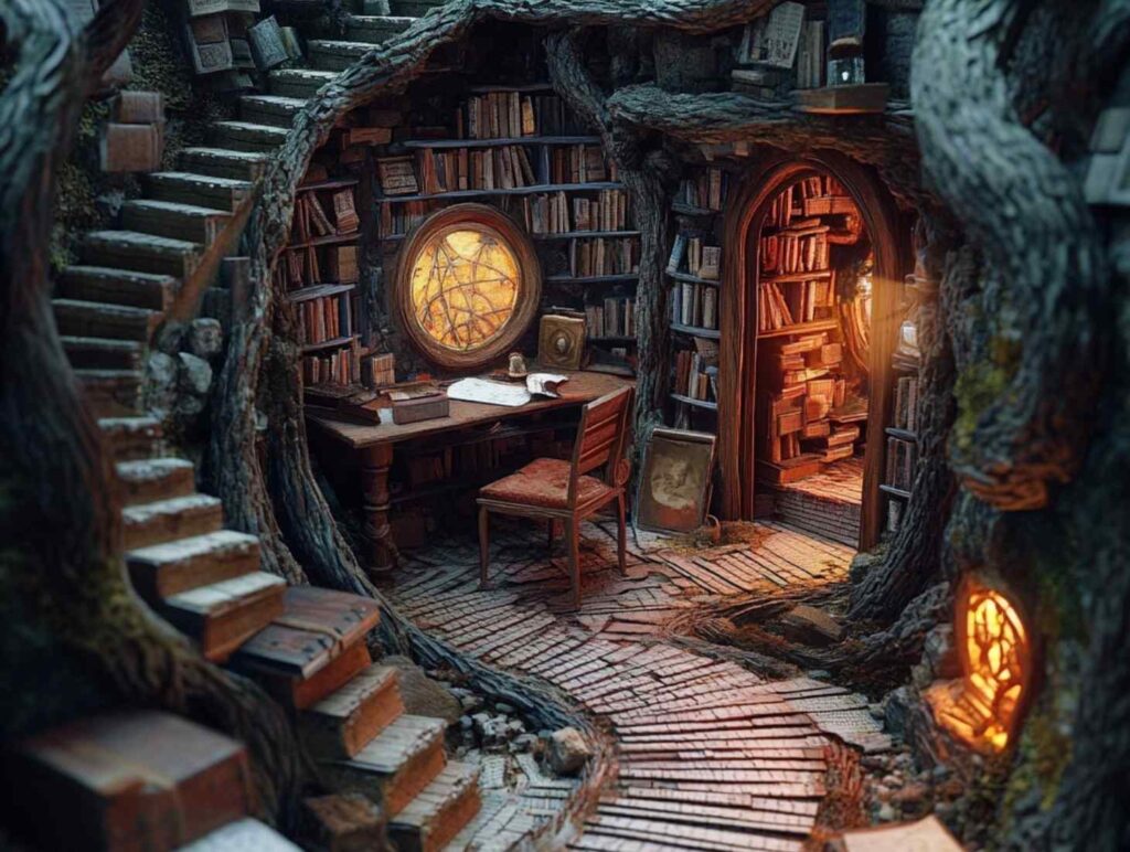 cosy library with stairs