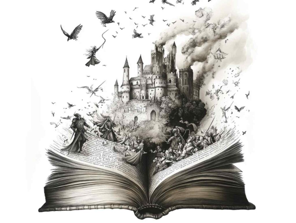 a black and white drawing of a book and a fantasy world