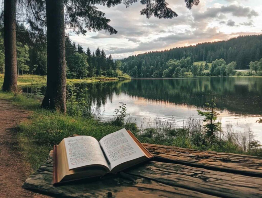 a book laying on a table overlooking a lake