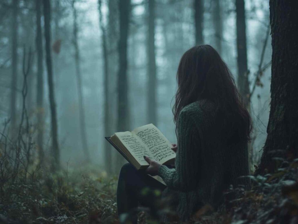 woman reading a book in the forest with fog