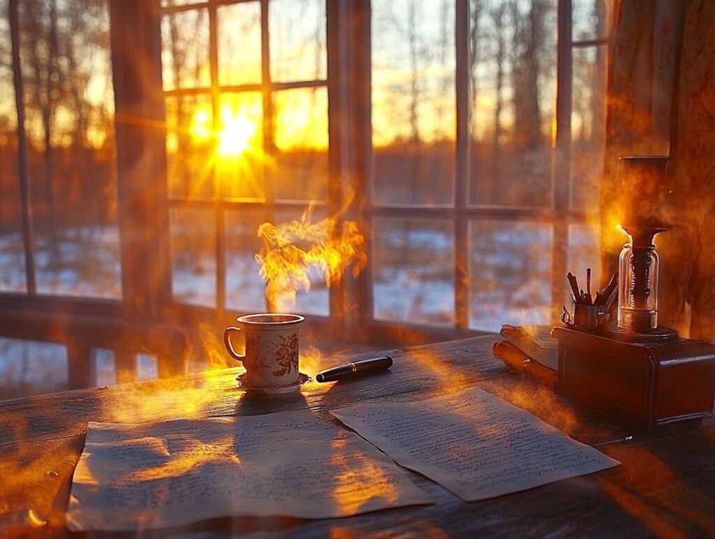 169WriteABookToday A realistic photo of an author's desk at sunset, with warm beams of light streaming through a window onto scattered handwritten pages, a vintage fountain pen, and a steaming cup of coffee on a rustic wooden desk
